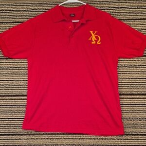 CHI OMEGA‎ Fraternity Red Gold Cotton Blend Medium Mens Polo Shirt VTG RARE